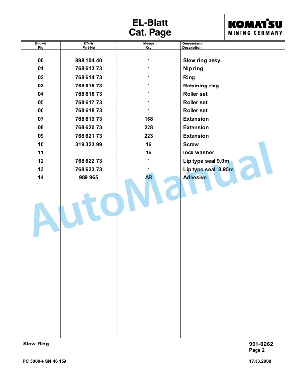 Komatsu PC3000-6 Hydraulic Mining Excavator Parts Manual G46159-5