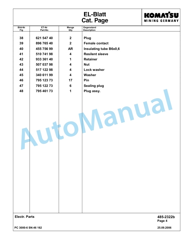 Komatsu PC3000-6 Hydraulic Mining Excavator Parts Manual G46162-4