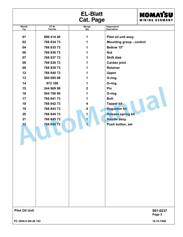 Komatsu PC3000-6 Hydraulic Mining Excavator Parts Manual G46163-5
