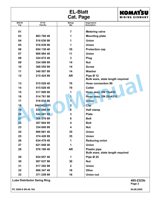 Komatsu PC3000-6 Hydraulic Mining Excavator Parts Manual G46164-4