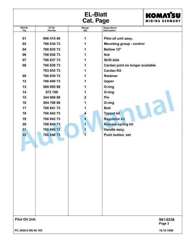 Komatsu PC3000-6 Hydraulic Mining Excavator Parts Manual G46165-5