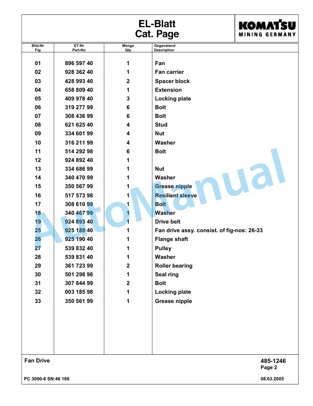Komatsu PC3000-6 Hydraulic Mining Excavator Parts Manual G46169-2