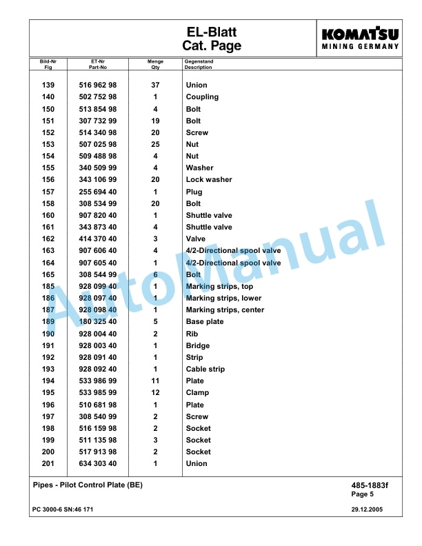Komatsu PC3000-6 Hydraulic Mining Excavator Parts Manual G46171-3