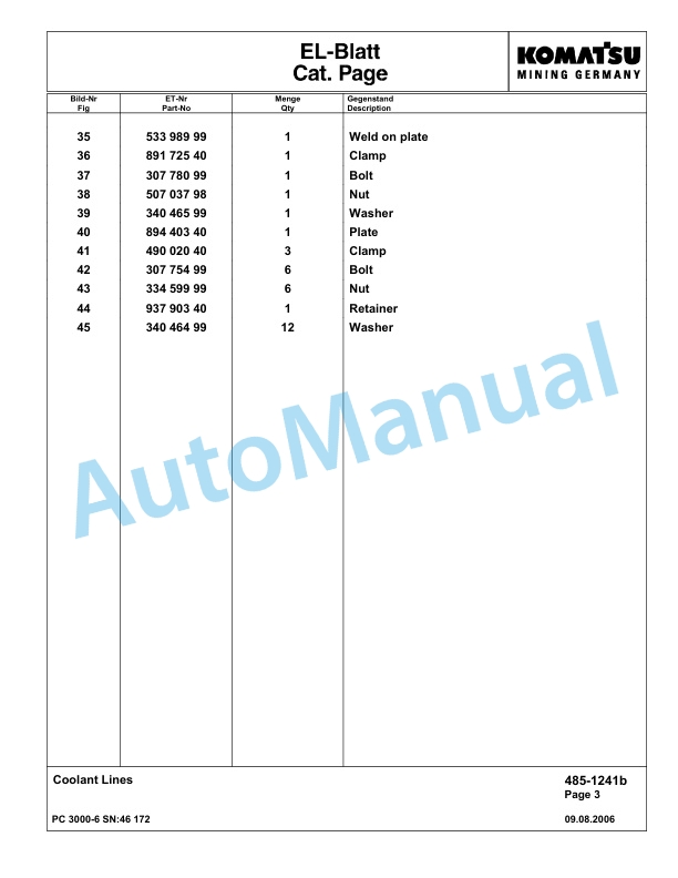 Komatsu PC3000-6 Hydraulic Mining Excavator Parts Manual G46172-2