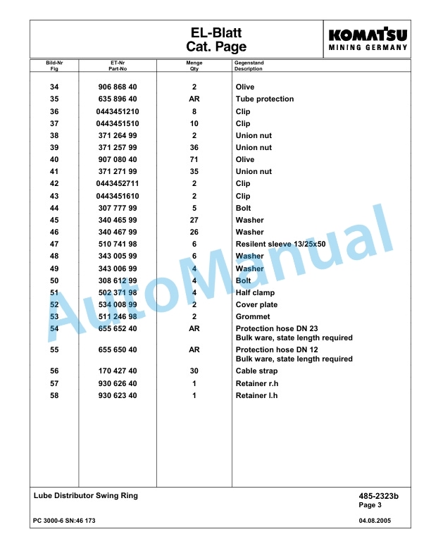 Komatsu PC3000-6 Hydraulic Mining Excavator Parts Manual G46173-4