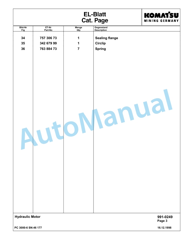 Komatsu PC3000-6 Hydraulic Mining Excavator Parts Manual G46177-5