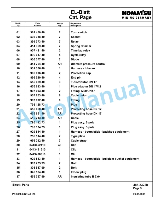 Komatsu PC3000-6 Hydraulic Mining Excavator Parts Manual G46183-4