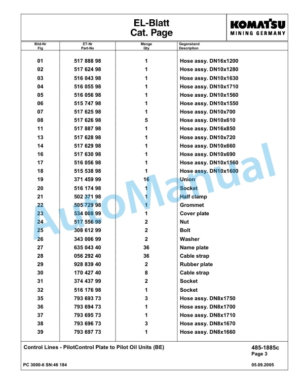 Komatsu PC3000-6 Hydraulic Mining Excavator Parts Manual G46184-3