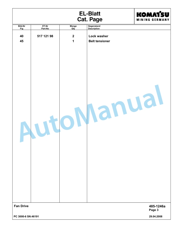 Komatsu PC3000-6 Hydraulic Mining Excavator Parts Manual G46191-2