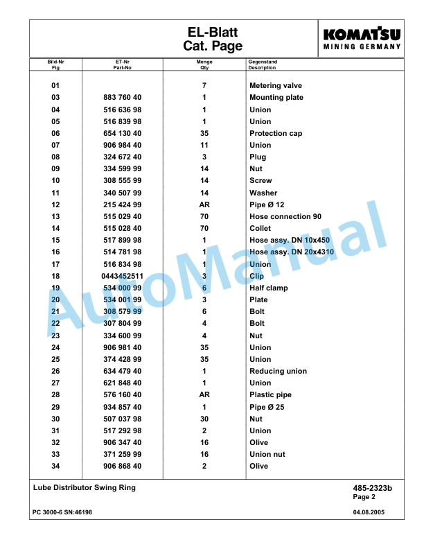 Komatsu PC3000-6 Hydraulic Mining Excavator Parts Manual G46198-4