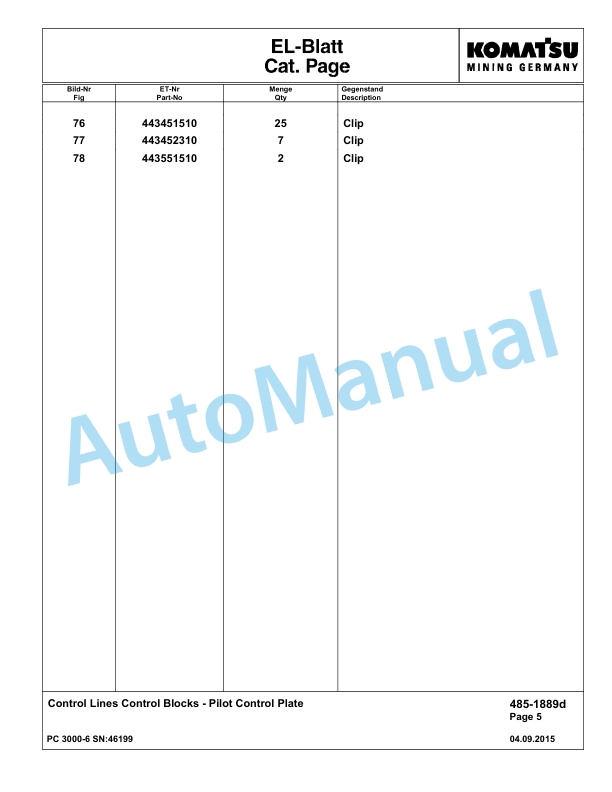 Komatsu PC3000-6 Hydraulic Mining Excavator Parts Manual G46199-3