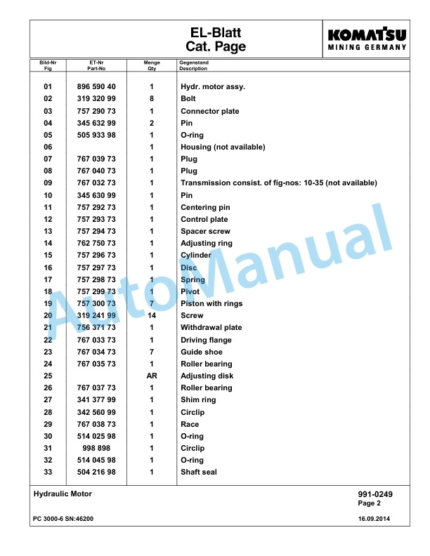 Komatsu PC3000-6 Hydraulic Mining Excavator Parts Manual G46200-5