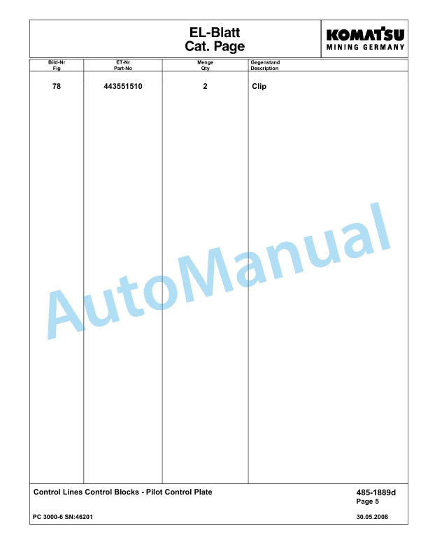 Komatsu PC3000-6 Hydraulic Mining Excavator Parts Manual G46201-3
