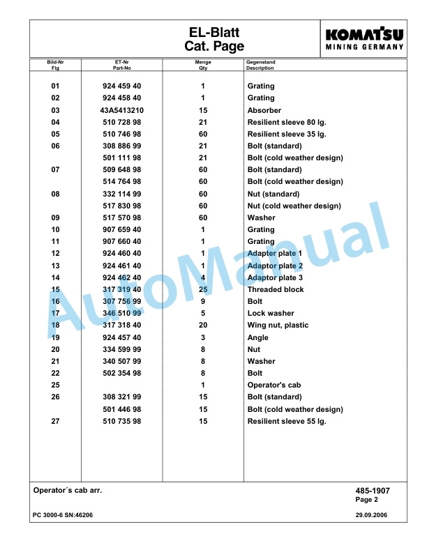 Komatsu PC3000-6 Hydraulic Mining Excavator Parts Manual G46206-3