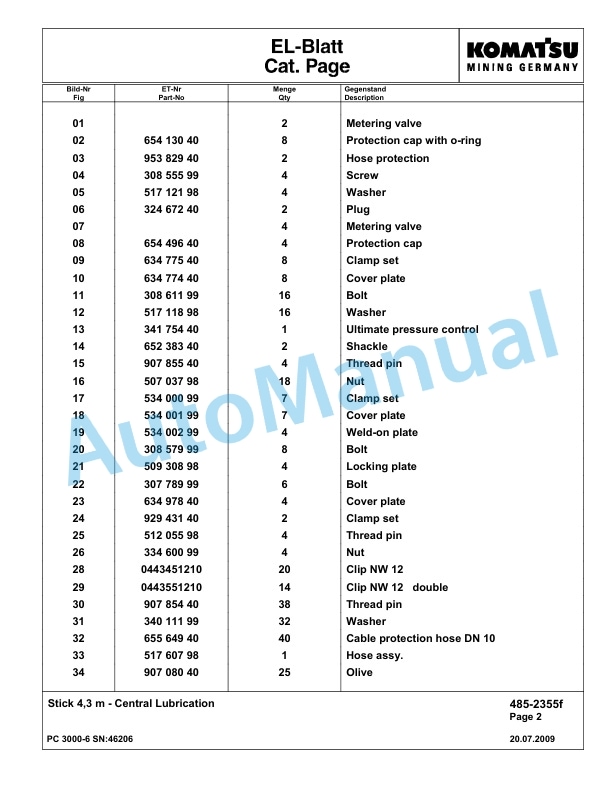 Komatsu PC3000-6 Hydraulic Mining Excavator Parts Manual G46206-4