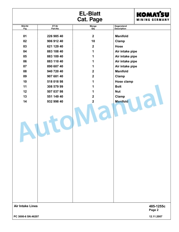 Komatsu PC3000-6 Hydraulic Mining Excavator Parts Manual G46207-2