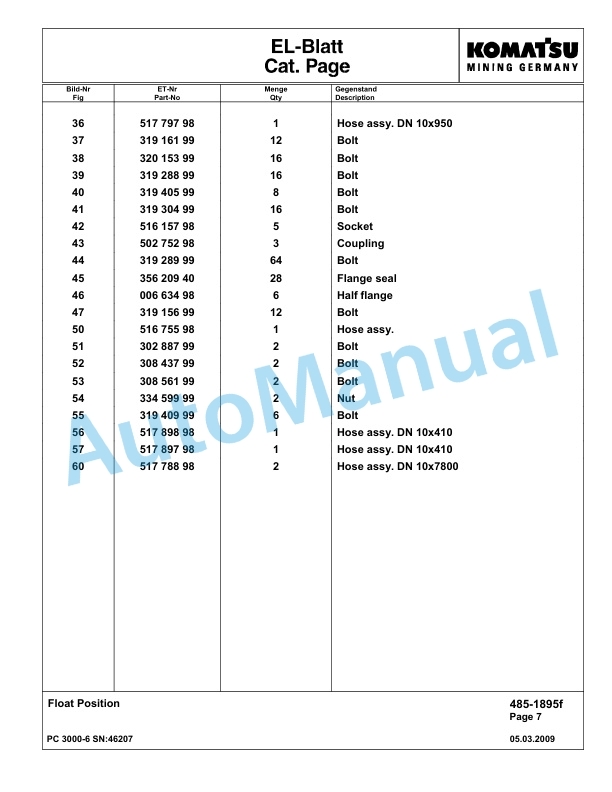 Komatsu PC3000-6 Hydraulic Mining Excavator Parts Manual G46207-3