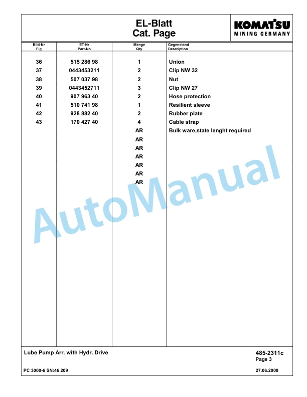 Komatsu PC3000-6 Hydraulic Mining Excavator Parts Manual G46209-4