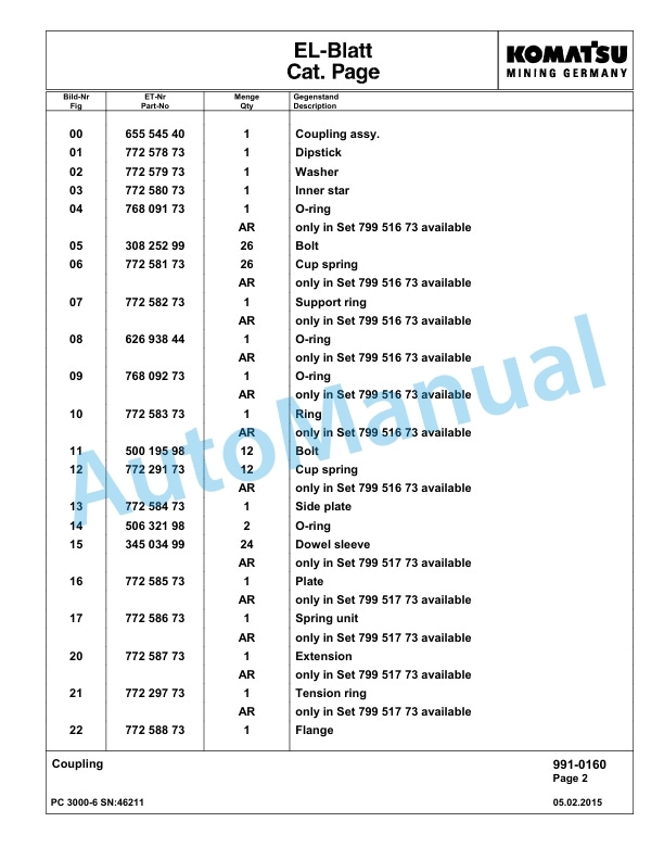 Komatsu PC3000-6 Hydraulic Mining Excavator Parts Manual G46211-5