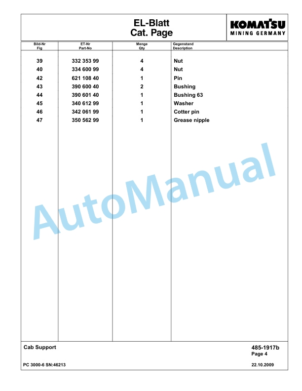 Komatsu PC3000-6 Hydraulic Mining Excavator Parts Manual G46213-3
