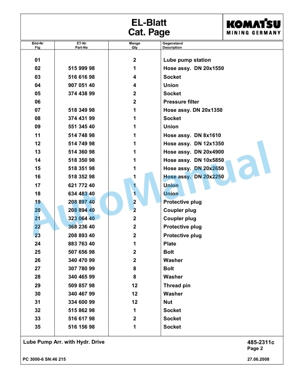 Komatsu PC3000-6 Hydraulic Mining Excavator Parts Manual G46215-4