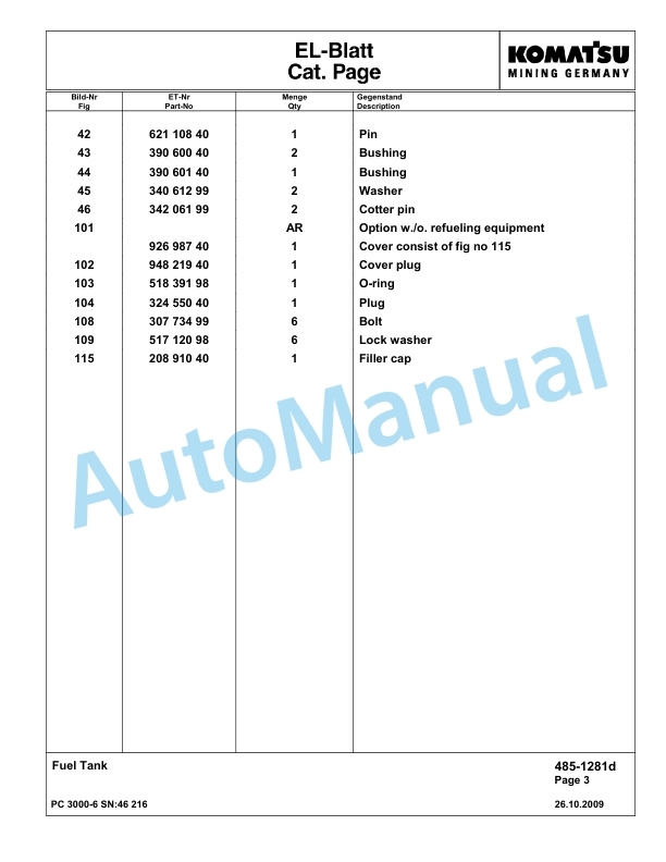 Komatsu PC3000-6 Hydraulic Mining Excavator Parts Manual G46216-2