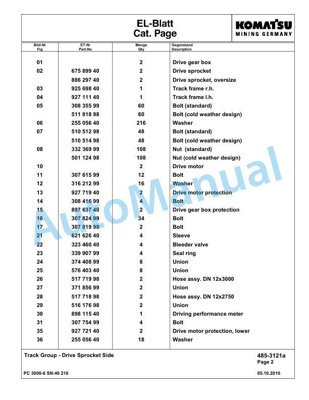 Komatsu PC3000-6 Hydraulic Mining Excavator Parts Manual G46216-4