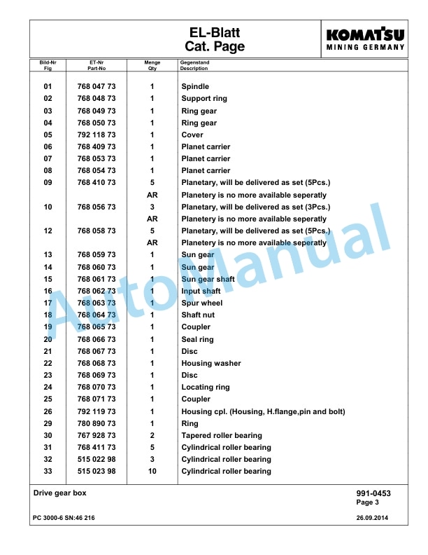Komatsu PC3000-6 Hydraulic Mining Excavator Parts Manual G46216-5