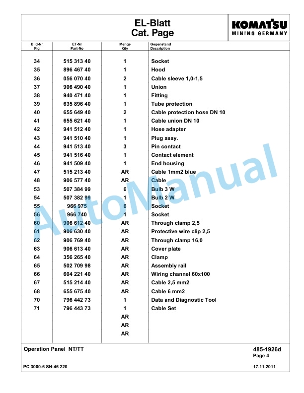 Komatsu PC3000-6 Hydraulic Mining Excavator Parts Manual G46220-3