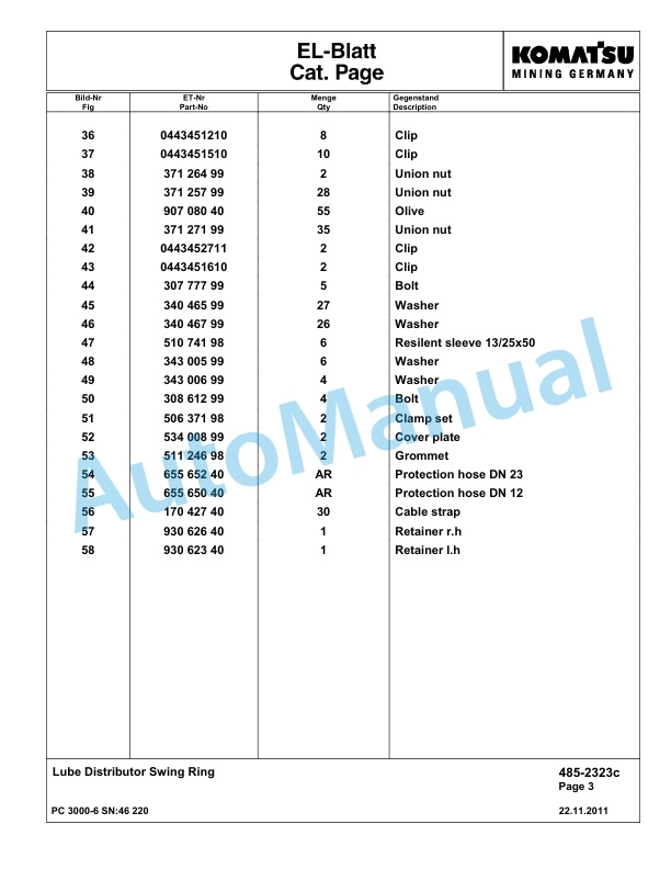 Komatsu PC3000-6 Hydraulic Mining Excavator Parts Manual G46220-4