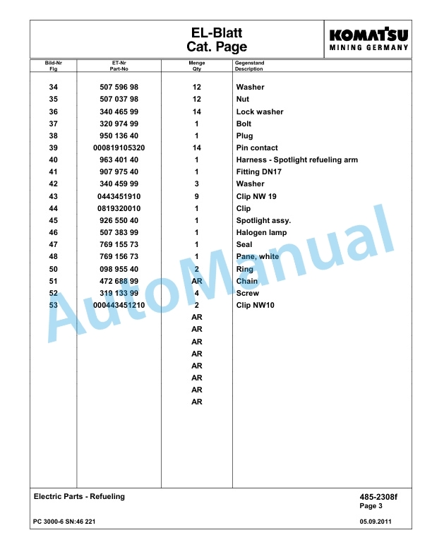 Komatsu PC3000-6 Hydraulic Mining Excavator Parts Manual G46221-4