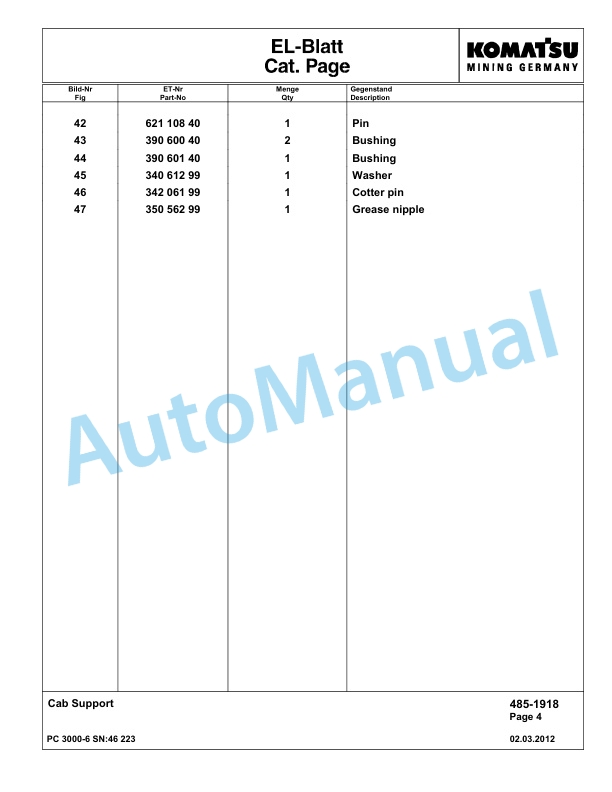 Komatsu PC3000-6 Hydraulic Mining Excavator Parts Manual G46223-3