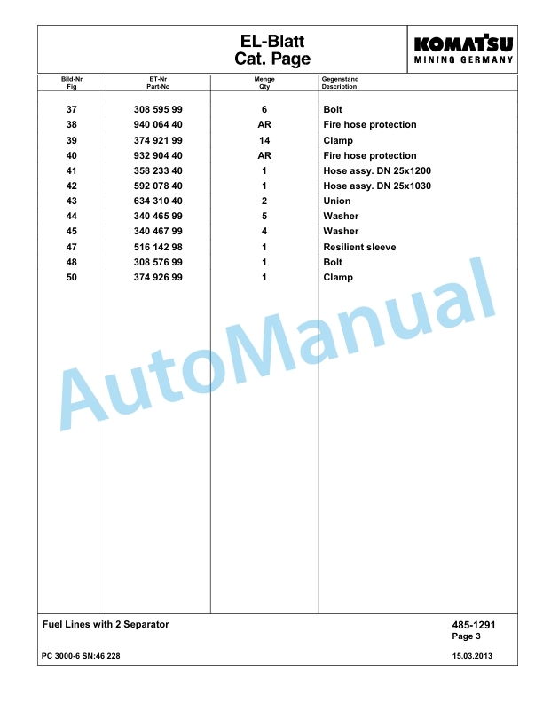 Komatsu PC3000-6 Hydraulic Mining Excavator Parts Manual G46228-2