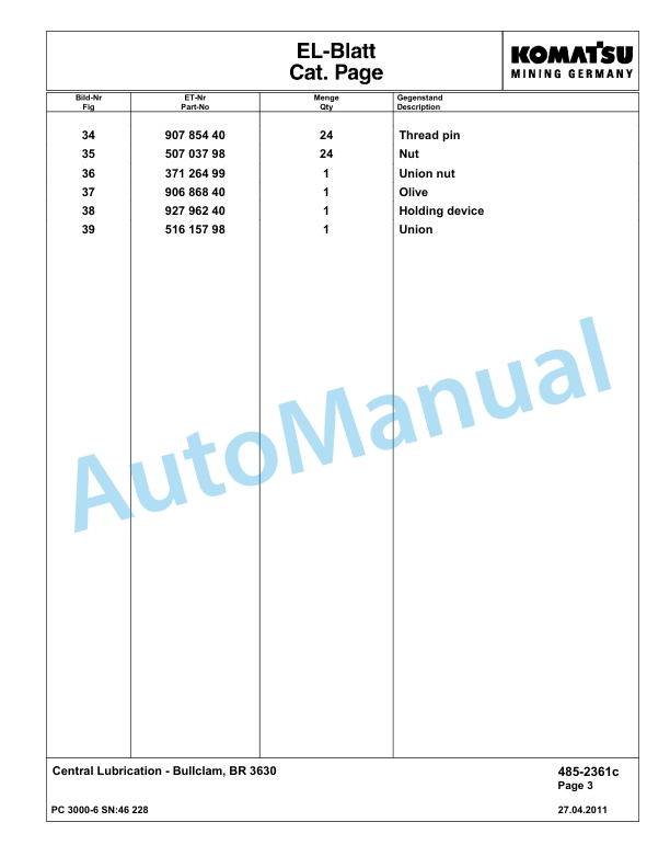Komatsu PC3000-6 Hydraulic Mining Excavator Parts Manual G46228-4