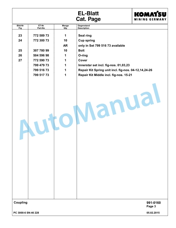 Komatsu PC3000-6 Hydraulic Mining Excavator Parts Manual G46228-5