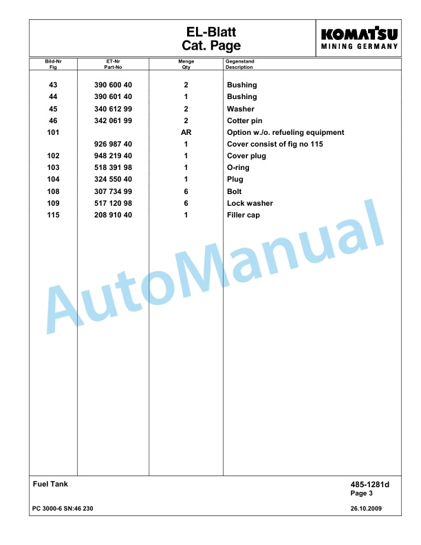 Komatsu PC3000-6 Hydraulic Mining Excavator Parts Manual G46230-2