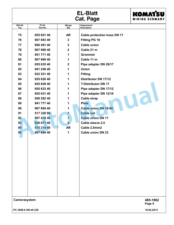 Komatsu PC3000-6 Hydraulic Mining Excavator Parts Manual G46230-3