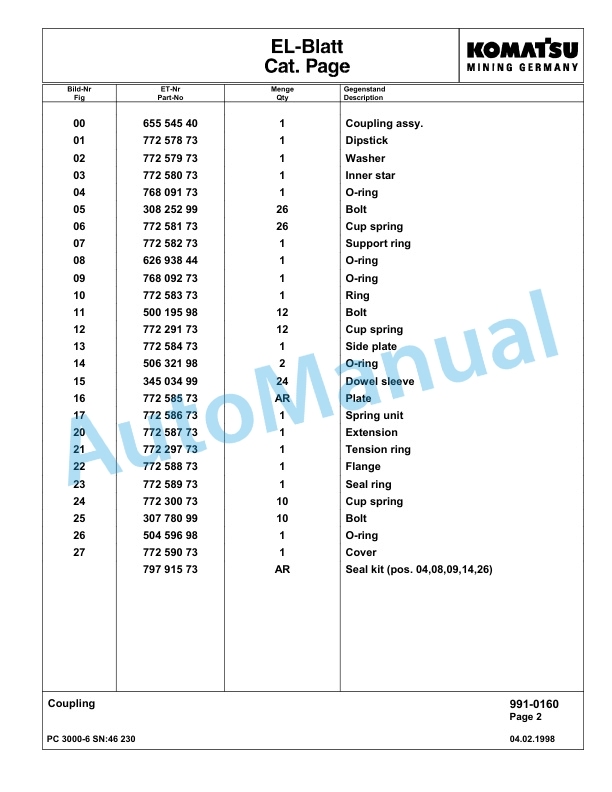 Komatsu PC3000-6 Hydraulic Mining Excavator Parts Manual G46230-5