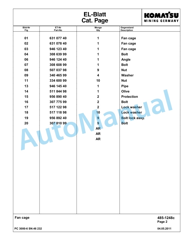 Komatsu PC3000-6 Hydraulic Mining Excavator Parts Manual G46232-2