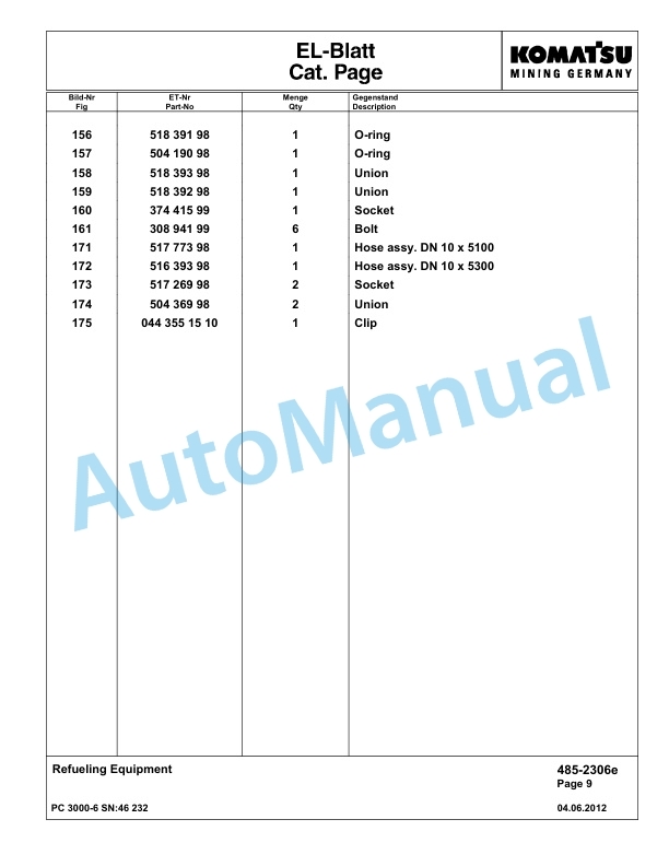 Komatsu PC3000-6 Hydraulic Mining Excavator Parts Manual G46232-4