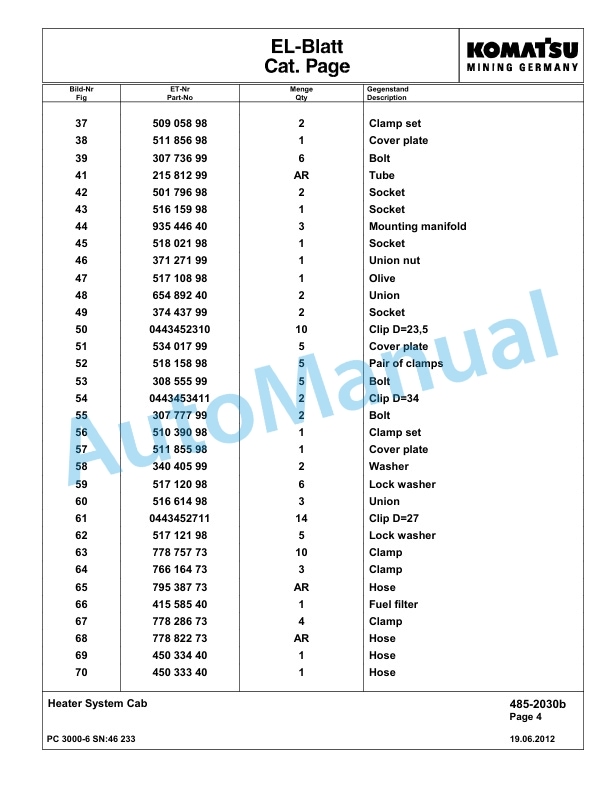 Komatsu PC3000-6 Hydraulic Mining Excavator Parts Manual G46233-3