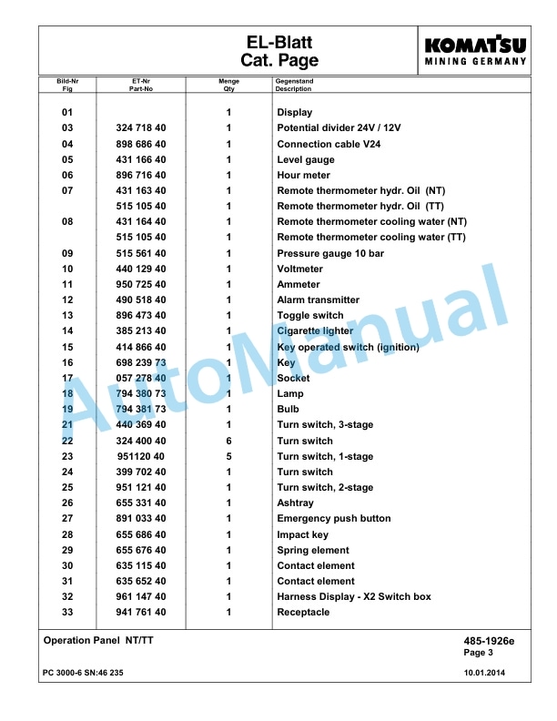 Komatsu PC3000-6 Hydraulic Mining Excavator Parts Manual G46235-3