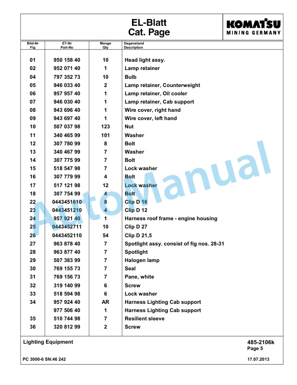 Komatsu PC3000-6 Hydraulic Mining Excavator Parts Manual G46242-3