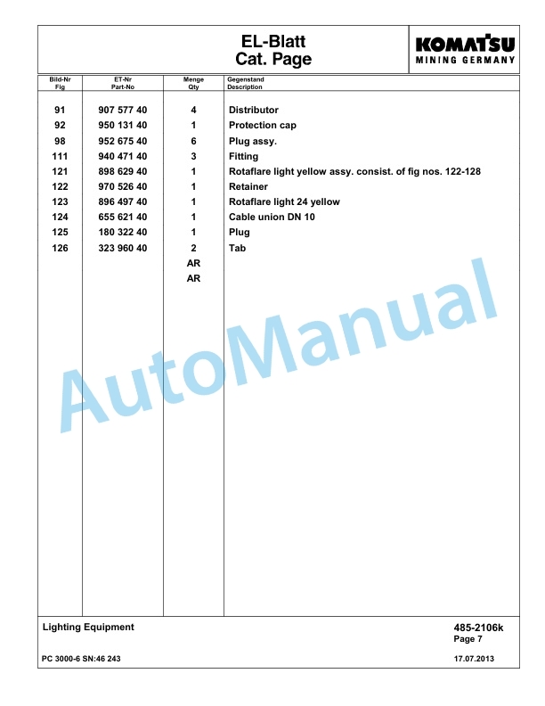 Komatsu PC3000-6 Hydraulic Mining Excavator Parts Manual G46243-3