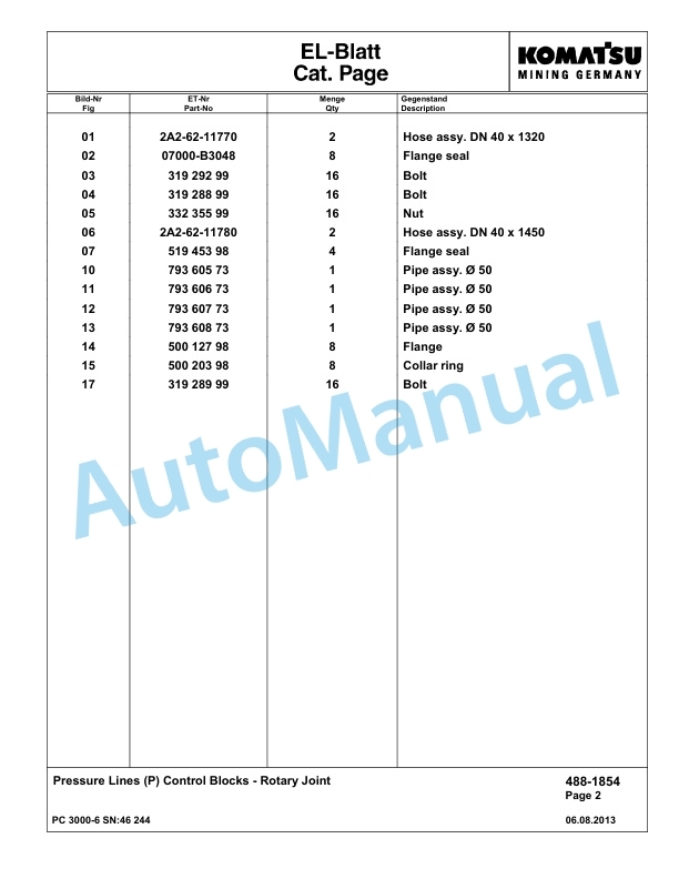Komatsu PC3000-6 Hydraulic Mining Excavator Parts Manual G46244-5