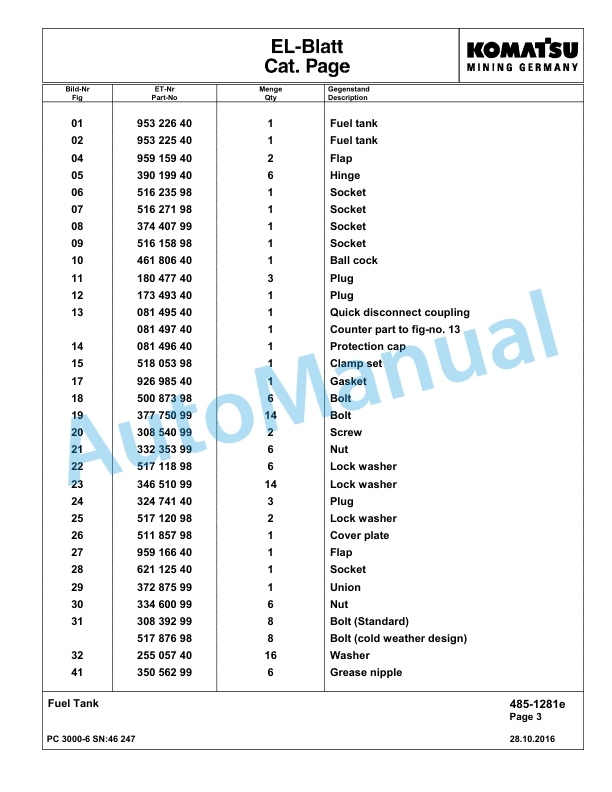 Komatsu PC3000-6 Hydraulic Mining Excavator Parts Manual G46247-2
