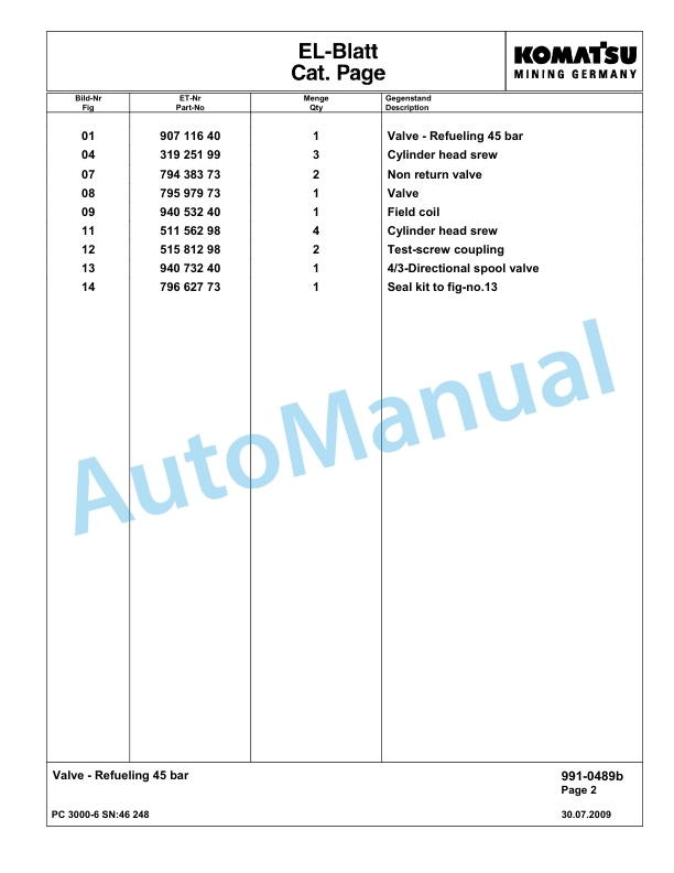 Komatsu PC3000-6 Hydraulic Mining Excavator Parts Manual G46248-5