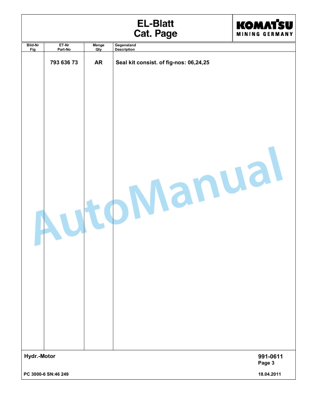 Komatsu PC3000-6 Hydraulic Mining Excavator Parts Manual G46249-5