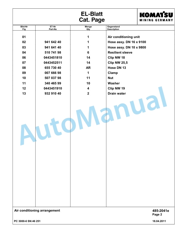Komatsu PC3000-6 Hydraulic Mining Excavator Parts Manual G46251-3