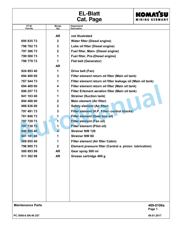 Komatsu PC3000-6 Hydraulic Mining Excavator Parts Manual G46257-3